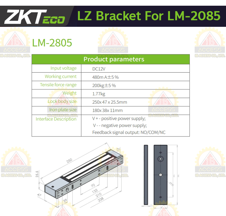 Magnetic Lock 600lbs. ยี่ห้อ ZKTeco รุ่น LM-2805 พร้อม LZ Bracket