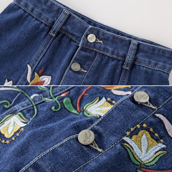 กระโปรงกางเกงยีนส์ฟอกนิ่ม แต่งปักลายดอกไม้วินเทจ (12181X)