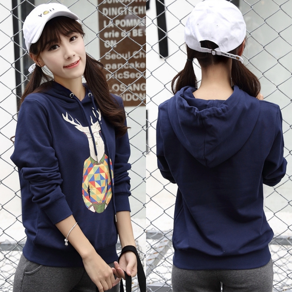 เสื้อสเวตเตอร์ฮู้ดพิมพ์ลายกวาง ซับกำมะหยี่กันหนาว (11981H)