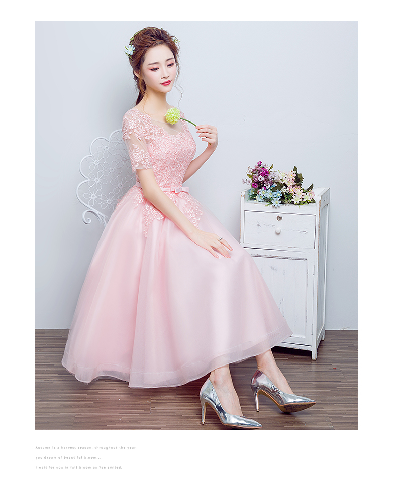 Pre-order ชุดราตรีสั้น แขนสามส่วน สีชมพูโอโรส สวยหวาน กระโปรงตาข่าย (ยาว) ตัวชุดลูกไม้&แต่งโบว์ช่วงเอว ซิปหลัง