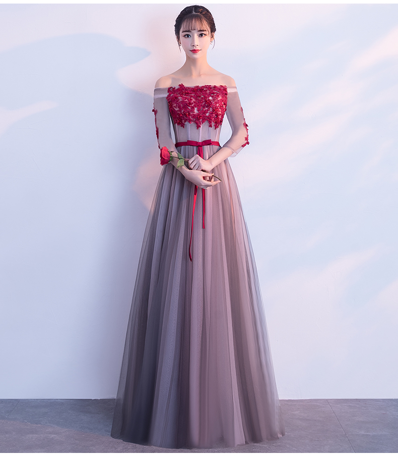 ชุดแฟนซีชุดราตรียาวแบบไหล่ปาดแขนยาวผ้าตาข่ายเชือกผูกหลัง