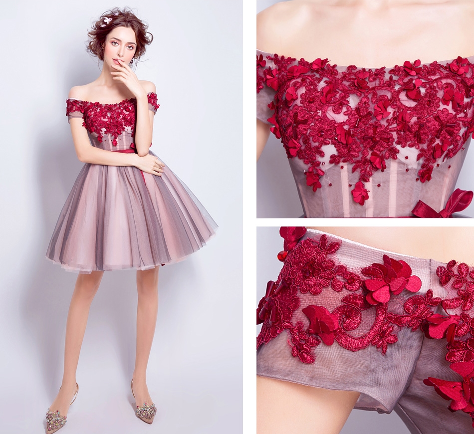 Pre-order ชุดแฟนซี ชุดเจ้าสาว ชุดราตรีสั้น สีชมพูกะปิ ไหล่ปาด แต่งดอกไม้ช่วงอก กระโปรงพองสวย เชือกผูกหลัง