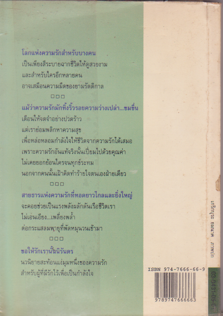 ขายหนังสือเก่า สภาพดี "ขอให้รักเรานั้นนิรันดร" พิมพ์ครั้งที่ 6 ปี 2537 - นวนิยายสำหรับผู้ที่กำลังแสวงหาคุณค่าแห่งความรักด้วยหัวใจและความรู้สึกงดงาม.เมื่อทุกคนมีความรัก ชีวิตก็จะเต็มไปด้วยความหวังและกำลังใจ โดย ประภัสสร เสวิกุล