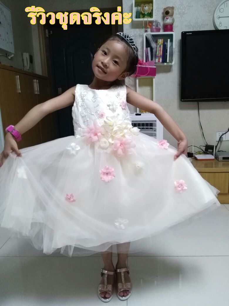 Pre-order ชุดราตรีเด็ก ชุดออกงาน ชุดกระโปรง สไตล์เจ้าหญิง แขนกุด แต่งดอกไม้สามมิติทั้งชุด มีซิปหลัง