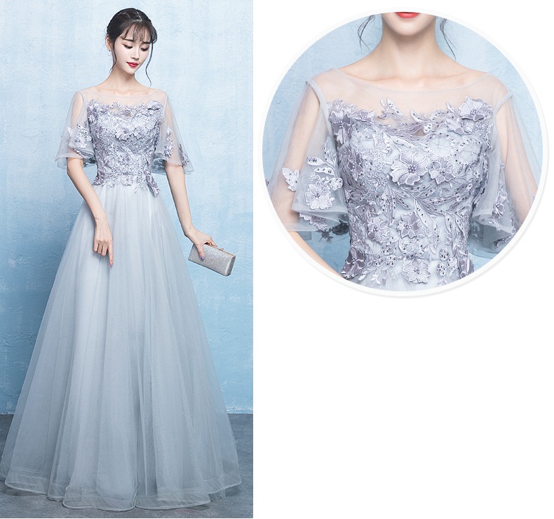 Pre-order ชุดราตรียาวสีเทาแต่งลูกไม้ช่วงอกกระโปรงตาข่ายเชือกผูกหลัง