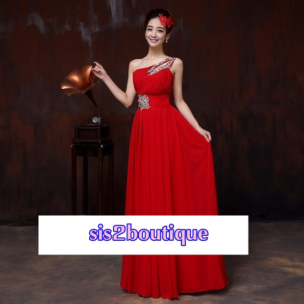 Pro-order ชุดราตรียาว ไหล่เดียว ผ้าชีฟอง แต่งเลื่อม แต่งมุก ช่วงเนินอกและเอว เชือกผูกหลัง