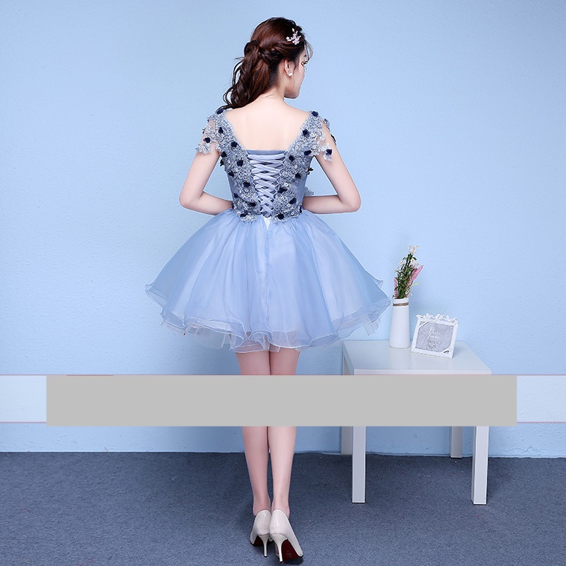 Pre-orderชุดแฟนซีชุดราตรีสั้นระบายแขนกระโปรงพองสวยเชือกผูกหลัง