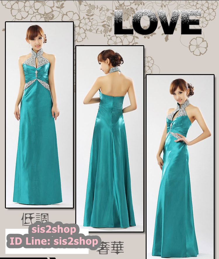 พร้อมส่ง ชุดราตรียาว คล้องคอ สีเขียวมรกต ปักเลื่อมเน้นช่วงเอว และปกคอจีน