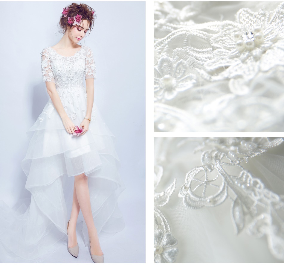 Pre-order ชุดแฟนซี ชุดเจ้าสาว ชุดราตรี หน้าสั้นหลังยาว แขนสั้น แต่งผ้าลูกไม้ สวยหรู เชือกผูกหลัง