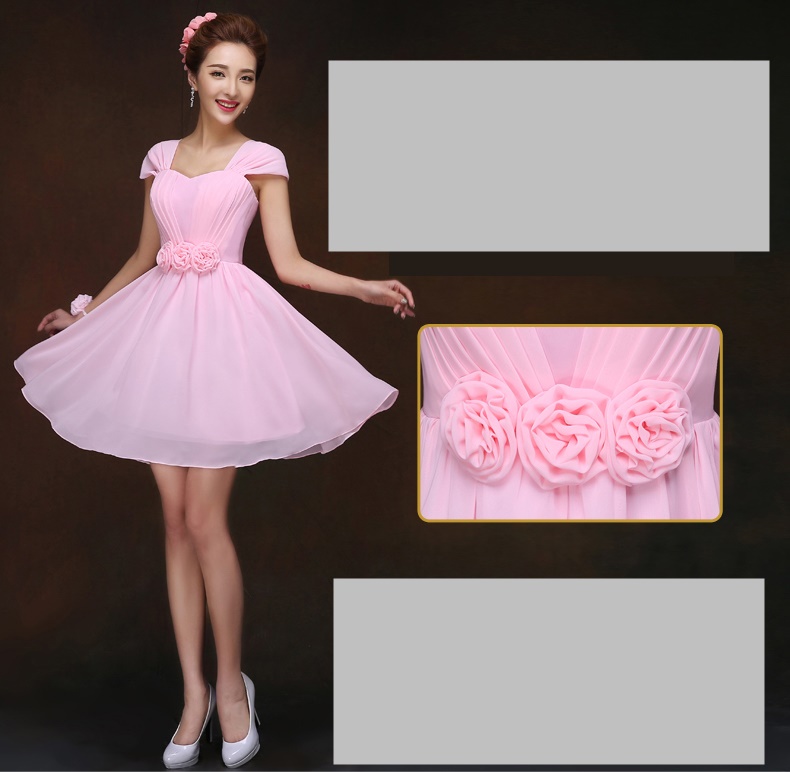 พร้อมส่ง ชุดราตรีสั้น สีชมพู ผ้าชีฟอง อกจับจีบแต่งดอกช่วงเอว แขนใส่ได้ 2แบบ แขนกุด/ปิดไหล่ (เชือกผูกหลัง)