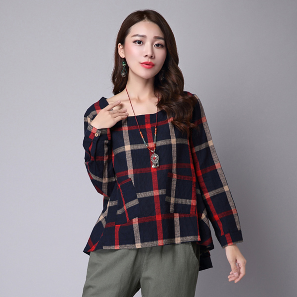 เสื้อแฟชั่นวินเทจ แขนยาวมีสแนป ผ้าทอนิ่มลายตาราง (11491M)