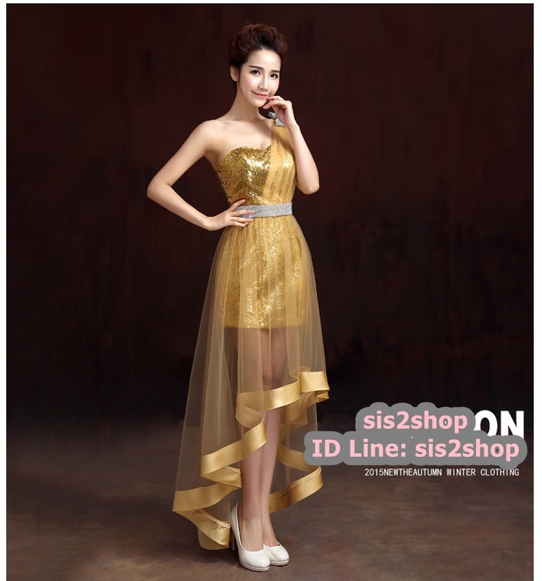 Pre-order ชุดราตรีสั้น เกาะอก/ไหล่เฉียง หน้าสั้นหลังยาว สีทอง เข้ารูปปักเลื่อมทั้งชุด แต่งผ้าโปร่งตาข่าย Sexy ประดับเข็มขัดเงิน&โบว์ที่ไหล่
