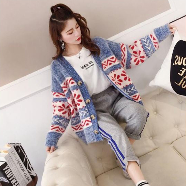 คาร์ดิแกนกันหนาวรุ่นหนา เสื้อคลุมไหมพรมขนนุ่มถักลายวินเทจ (12275B)