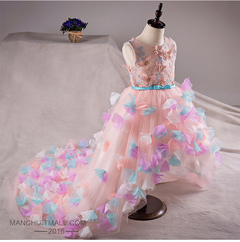 Pre-order ชุดราตรีเด็ก ชุดออกงาน ชุดกระโปรง ชุดแฟนซี สไตล์เจ้าหญิง แขนกุด คอกลม หน้าสั้นหลังยาว แต่งดอกไม้ ซิปหลัง สำเนา