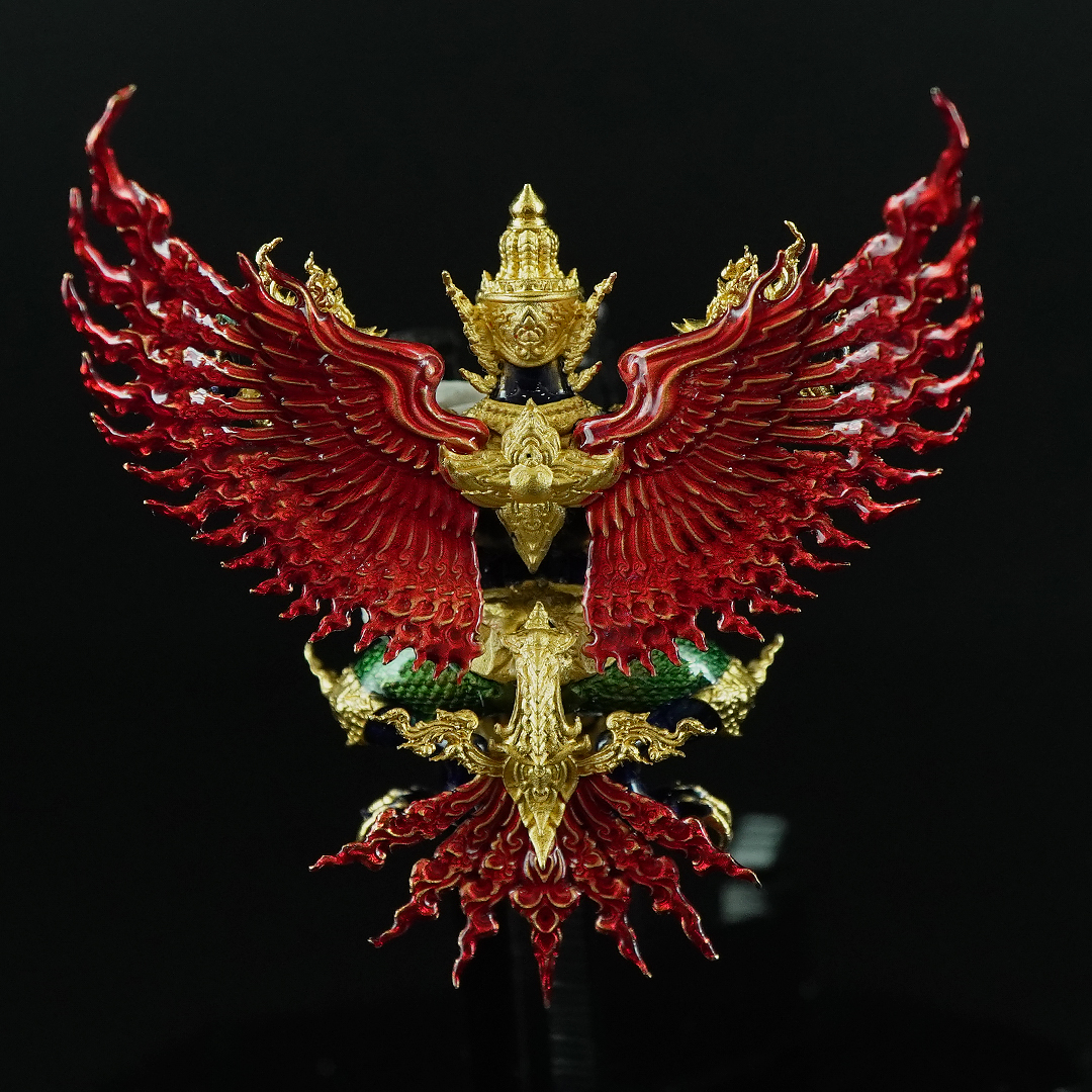 พญาครุฑพิษฐาน รหัส 2 เนื้อเงินชุบทองลงยากายน้ำเงิน ปีกลงยาแดง