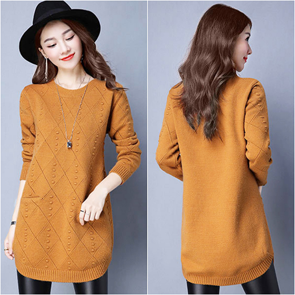 เสื้อไหมพรมแขนยาวถักลาย แต่งกระเป๋าคู่ (12056B)