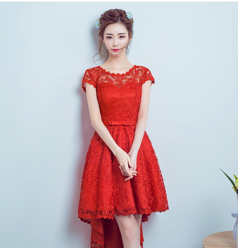 Pre-order ชุดราตรีสั้น สีแดง แต่งลูกไม้ทั้งชุด เพิ่มโบว์ช่วงเอว กระโปรงหน้าสั้นหลังยาว เชือกผูกหลัง