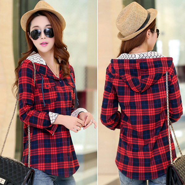 เสื้อแจ็คเก็ตเชิ้ตลายสก็อตผ้านิ่ม มีฮู้ดซับผ้าลูกไม้ (11222AL)