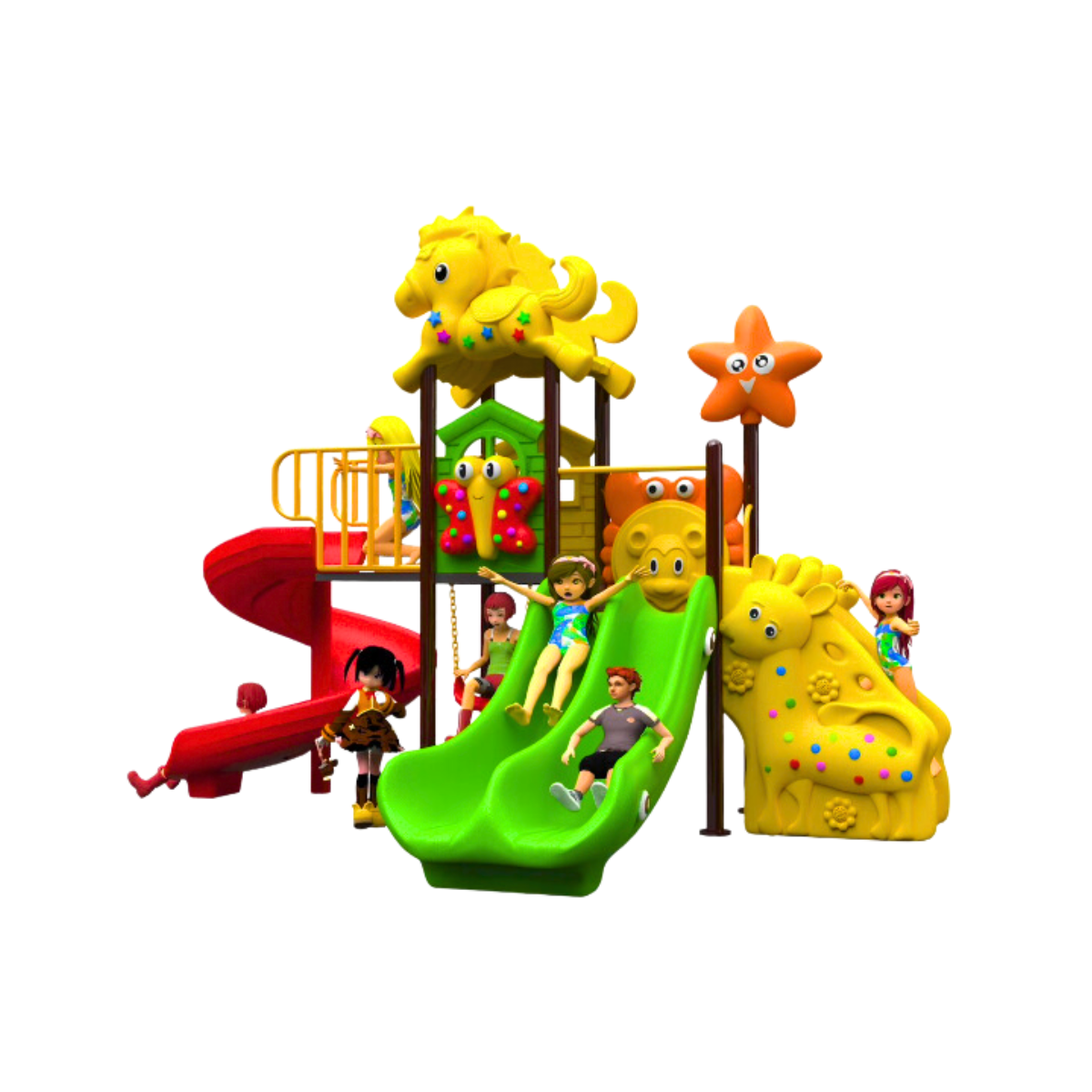 เครื่องเล่นสนามกลางเเจ้ง โครงสร้างเสากลม 76 มิลลิเมตร ชุดสไลเดอร์ม้าน้อยหรรษา