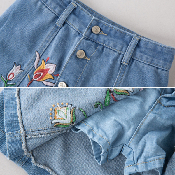กระโปรงกางเกงยีนส์ฟอกนิ่ม แต่งปักลายดอกไม้วินเทจ (12181X)