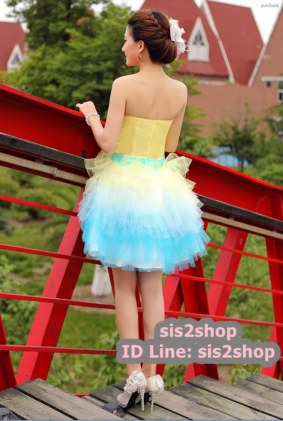 พร้อมเช่า ชุดแฟนซี ชุดราตรีสั้น สีเหลือง เกาะอก จับจีบ กระโปรงเป็นชั้น พองสวย