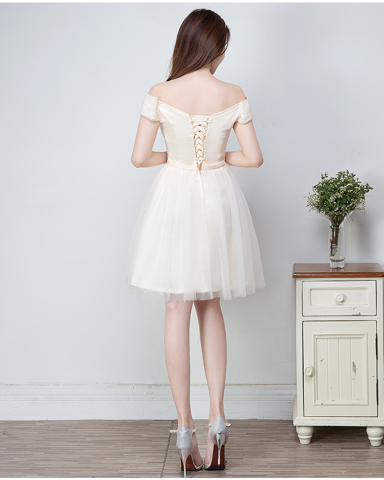 Pre-order ชุดราตรีสั้น ไหล่ปาด อัดพลีท แต่งโบว์คาดเอว กระโปรงตาข่าย เชือกผูกหลัง