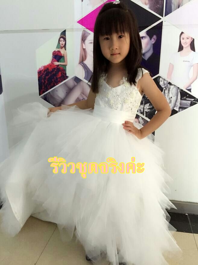 Pre-order ชุดราตรีเด็ก สไตล์เจ้าหญิง แขนกุด คอวี ปักเลื่อม แต่งผ้าลูกไม้ช่วงอก กระโปรงตาข่ายฟูฟ่อง ปล่อยชายยาวด้านหลัง