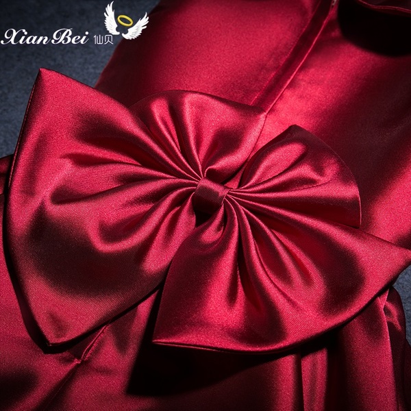 Pre-Order ชุดราตรีเด็ก สไตล์เจ้าหญิง แขนกุด สีไวน์แดง คอปกบัว คาดโบว์ที่เอว ผ้าซาติน