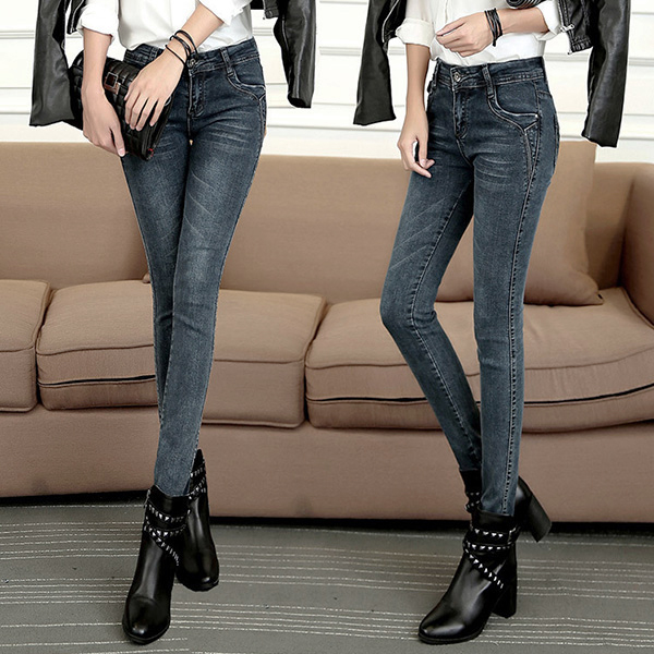 กางเกงยีนส์กันหนาวเอวต่ำ ทรงสลิม ซับกำมะหยี่ใส่ติดลบได้ (11725X)
