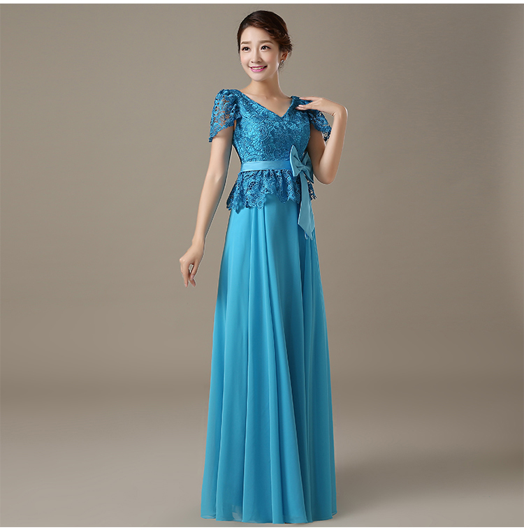 Pre-order ชุดราตรียาว แขนสั้น คอวี ผ้าลูกไม้ แต่งโบว์คาดเอว กระโปรงชีฟอง ซิปหลัง มีไซส์ใหญ่