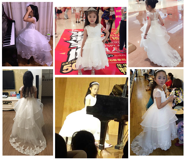 Pre-order ชุดราตรีเด็ก ชุดออกงาน ชุดกระโปรงสไตล์เจ้าหญิง แขนสั้น คอวี แต่งลูกไม้ กระโปรงผ้าแก้ว แต่งลูกไม้ชายกระโปรง ปล่อยชายด้านหลัง มีซิป