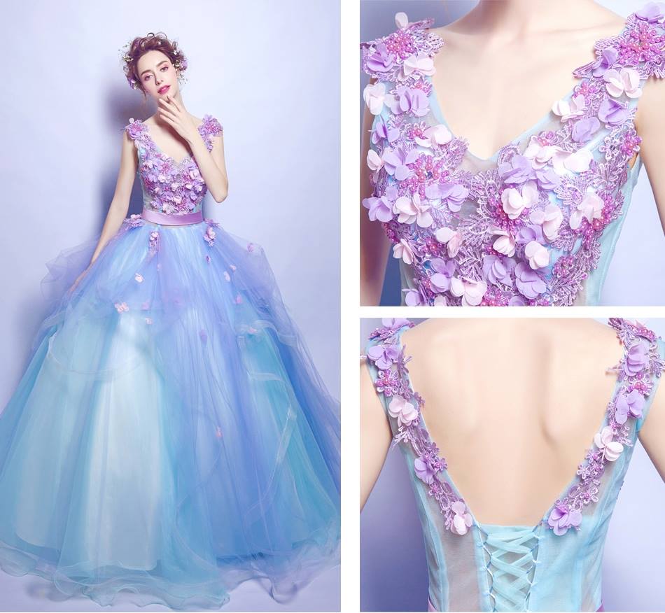 Pre-order ชุดแฟนซี ชุดราตรียาว แขนกุด คอวี แต่งดอกไม้ เชือกผูกหลัง สำเนา