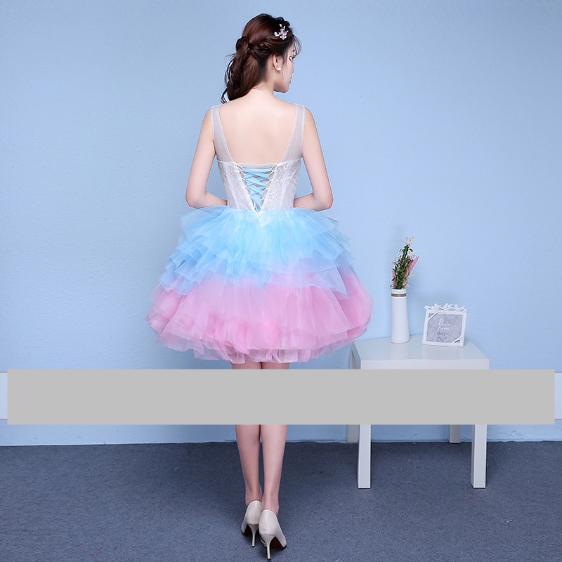 Pre-orderชุดแฟนซีชุดราตรีสั้นแขนกุดซีทรูและแต่งดอกไม้ช่วงอกกระโปรงพองสวย