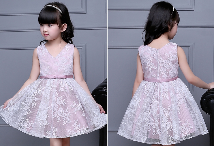 Pre-order ชุดราตรีเด็ก ชุดออกงาน ชุดกระโปรง สไตล์เจ้าหญิง แขนกุด คอวี ผ้าลูกไม้ คาดโบว์ที่เอว กระโปรงฟูฟ่อง ซิปหลัง สวยหวาน