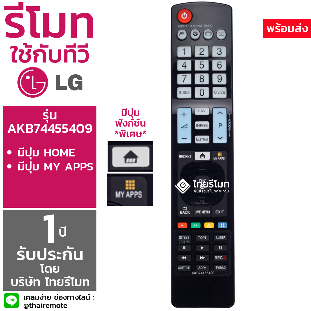รีโมททีวี แอลจี LG รุ่นAKB74455409 (ปุ่มRECENT / ปุ่มHOME / ปุ่มMY APPS)