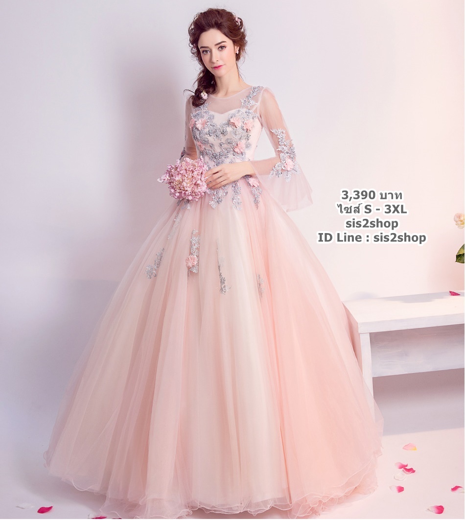 Pre-orderชุดแฟนซีชุดราตรียาวแขนยาวแต่งระบายปลายแขนกระโปรงพองสวย