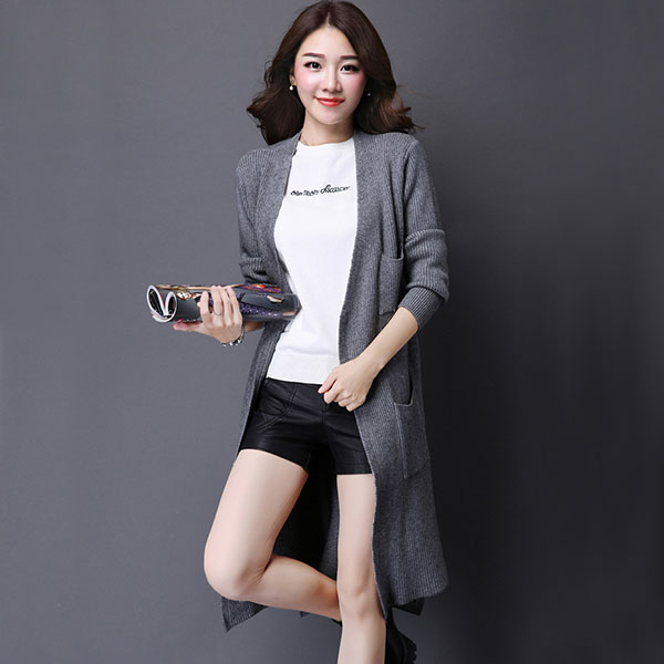 เสื้อคลุมกันหนาวตัวยาว ผ้าไหมพรมกึ่งวูลหนานุ่ม แต่งกระเป๋าคู่ (11657B)