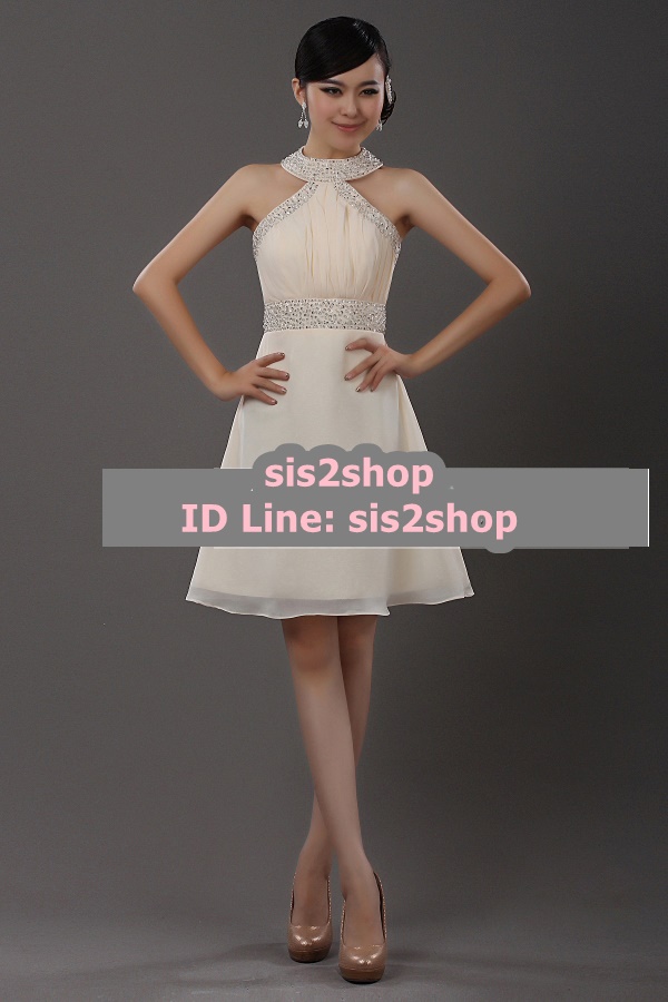 พร้อมส่ง ชุดราตรีสั้น คล้องคอ เว้าไหล่ สีครีม ปักเลื่อมละเอียดช่วงอก คอและเอว