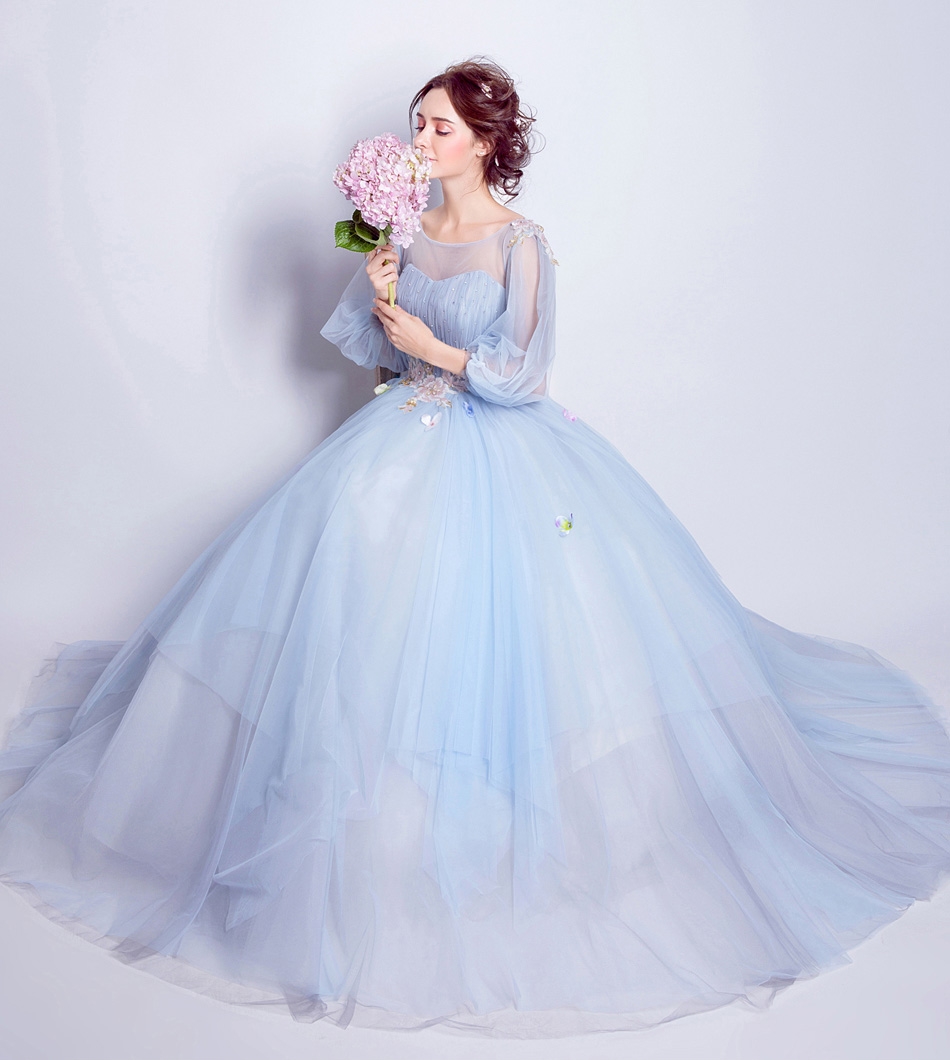 Pre-order ชุดแฟนซี ชุดเจ้าสาว ชุดราตรียาว สีฟ้า แขนโคมไฟ กระโปรงพองสวย เชือกผูกหลัง