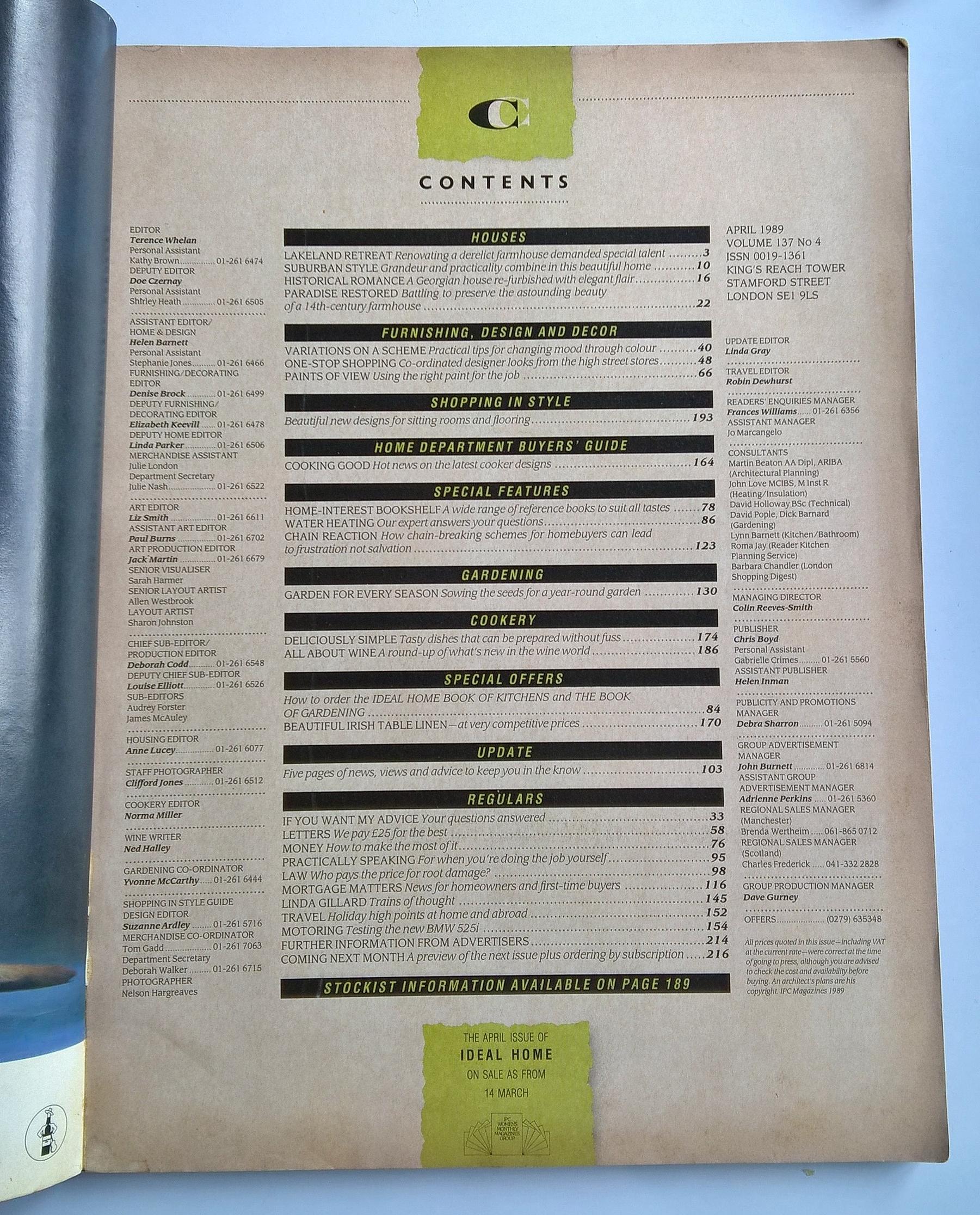ขายนิตยสารเก่า บ้านและตกแต่ง IDEAL HOME April 1989,QUALITY LIVING WITH STYLE, BEAUTIFUL HOMES and the people who live in them, our guide to decorating with colour,pure cotton tablelinen offer,the 12 best indoor plants-cookery ***หนังสือมีรอยตัดตรงกลางหน้า