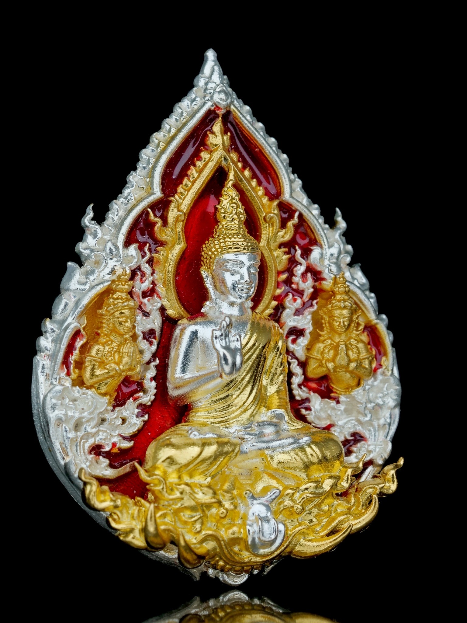 พระพุทธประทานพร รุ่น พุทธบารมี รหัส3 เนื้อบรอนซ์ชุบเงินชุบทอง ลงยาแดง องค์ชุบ2K