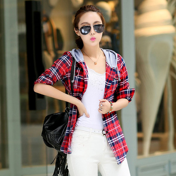 เสื้อแจ็คเก็ตแขนยาว มีฮู้ด ผ้าทอนิ่มลายสก็อต (10916AL)