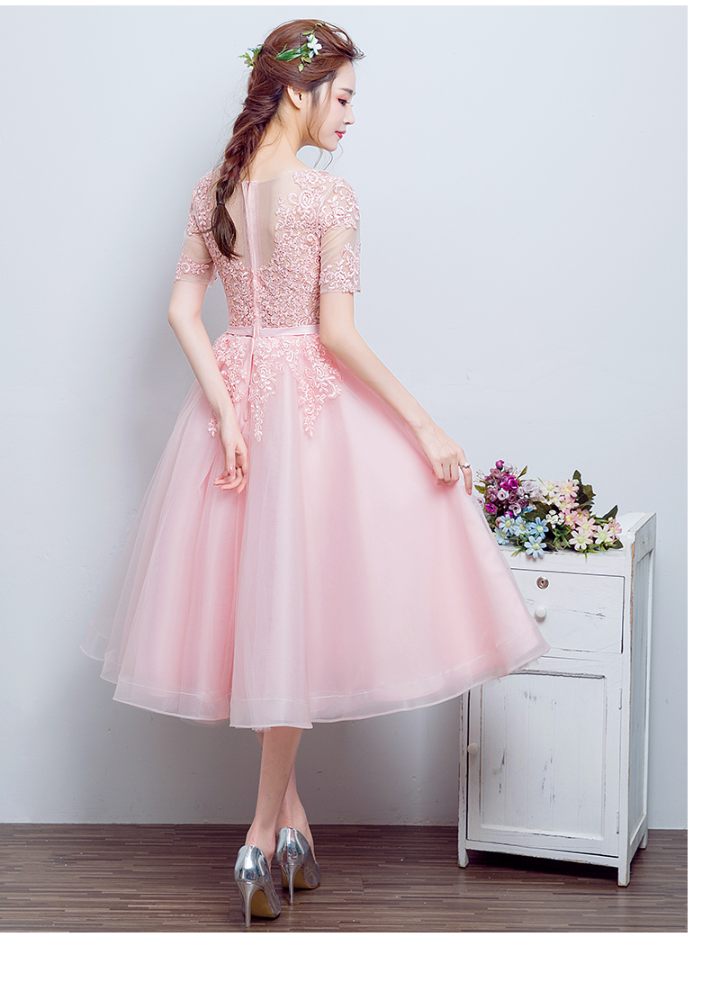 Pre-order ชุดราตรีสั้น แขนสามส่วน สีชมพูโอโรส สวยหวาน กระโปรงตาข่าย (ยาว) ตัวชุดลูกไม้&แต่งโบว์ช่วงเอว ซิปหลัง