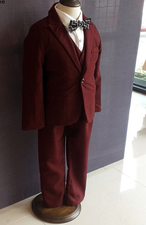 เช่า ชุดสูทเด็กชาย สีแดงเบอร์กันดี ลายตาราง สไตล์เกาหลี