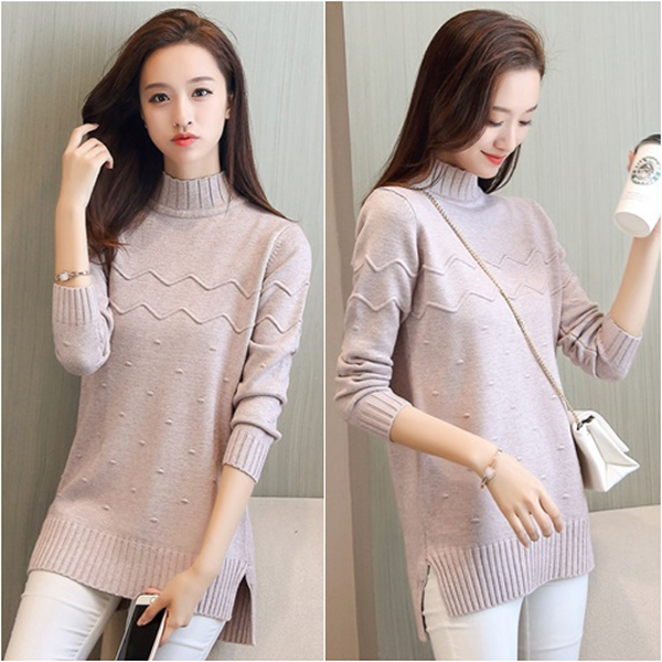 เสื้อสเวตเตอร์ไหมพรมคอเต่าตัวยาว ผ้าหนานุ่มถักลายนูน (12167B)