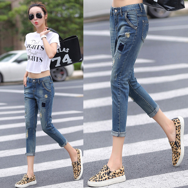 กางเกงยีนส์ทรงสกินนี่ ขายาวแปดส่วน แต่งขาแนวเซอร์ (11460X)