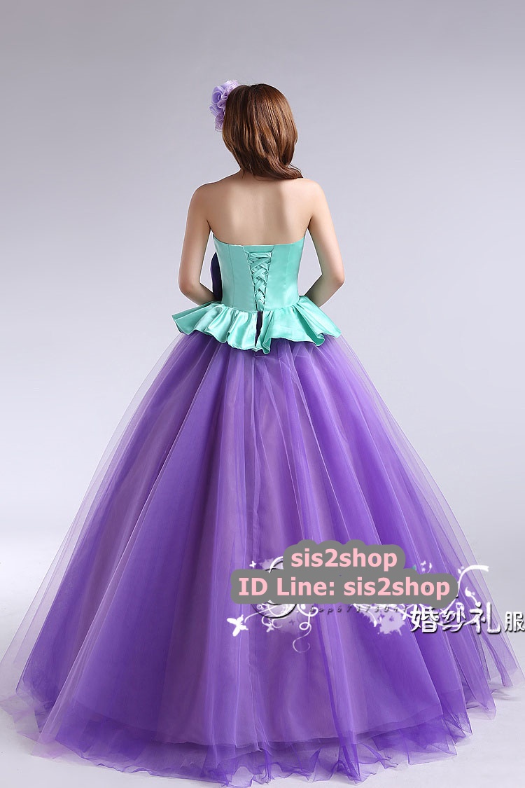 พร้อมเช่า ชุดแฟนซี ชุดราตรียาว Two tone สีม่วง เขียวมิ้นต์ เกาะอก แต่งโบว์ช่วงเอว แต่งลูกไม้ กระโปรงพองสวย สไตล์เจ้าหญิง