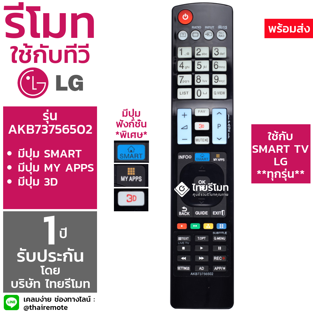 รีโมททีวี LED LG รุ่นAKB73756502 รองรับ3D (ปุ่มINFO / ปุ่มSMART / ปุ่มMY APPS)