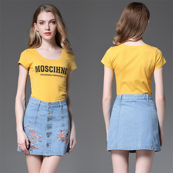 กางเกงกระโปรงยีนส์ กระดุมผ่าหน้า แต่งปักลายวินเทจ (12183X)