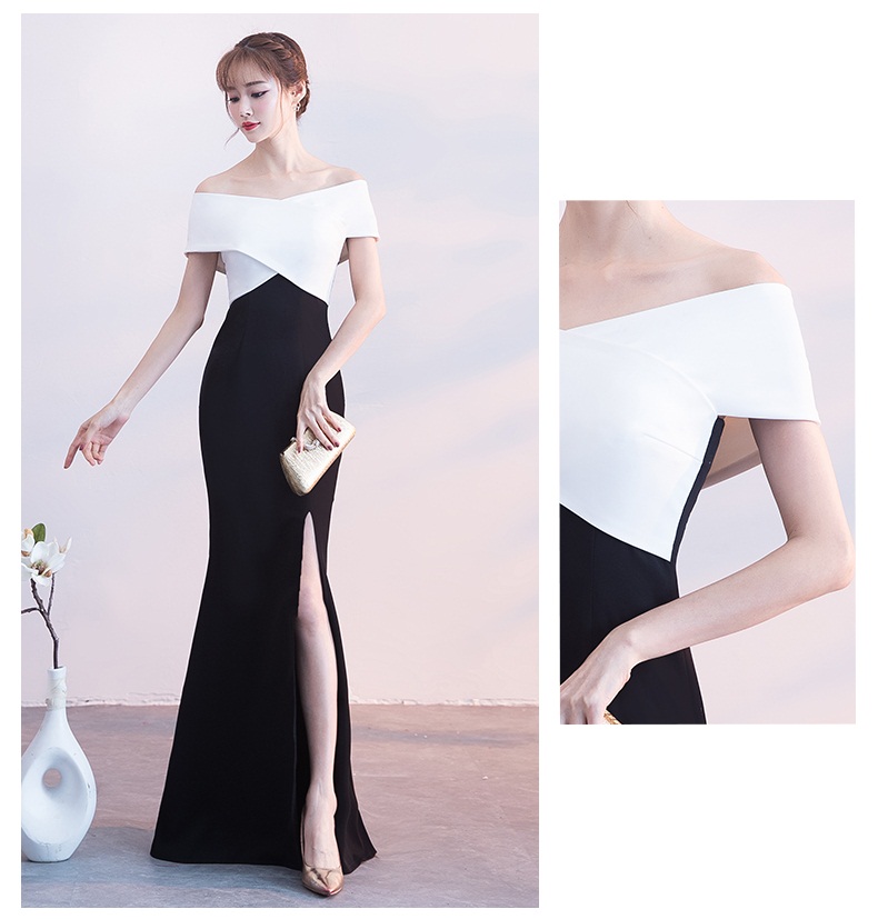 ชุดราตรียาวแบบไหล่ปาดสีทูโทน ทรงเข้ารูป แบบเก๋ (ซิปหลัง)